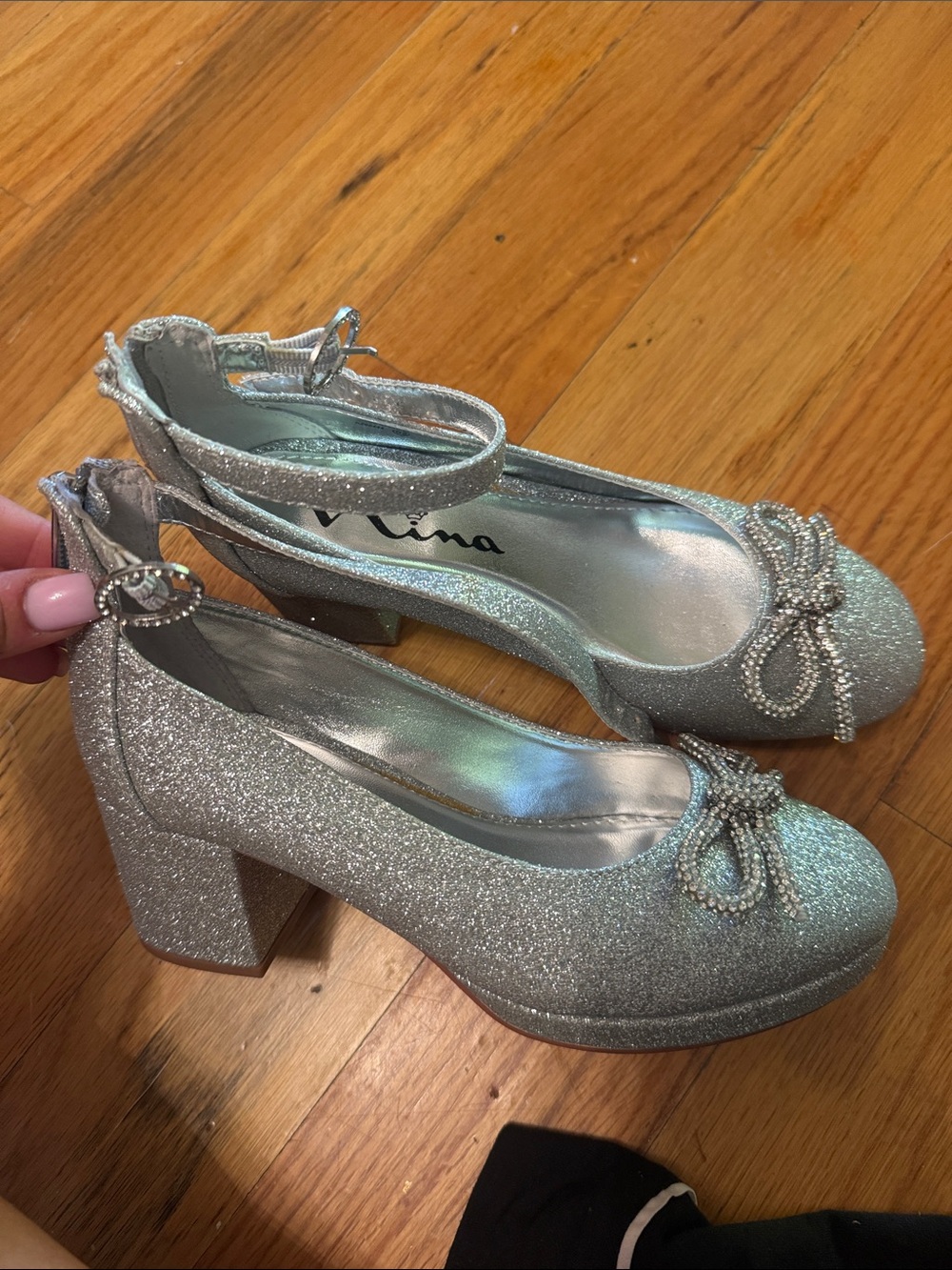 Nordstrom Silver Glitter Block Heel Mary Janes with Bow